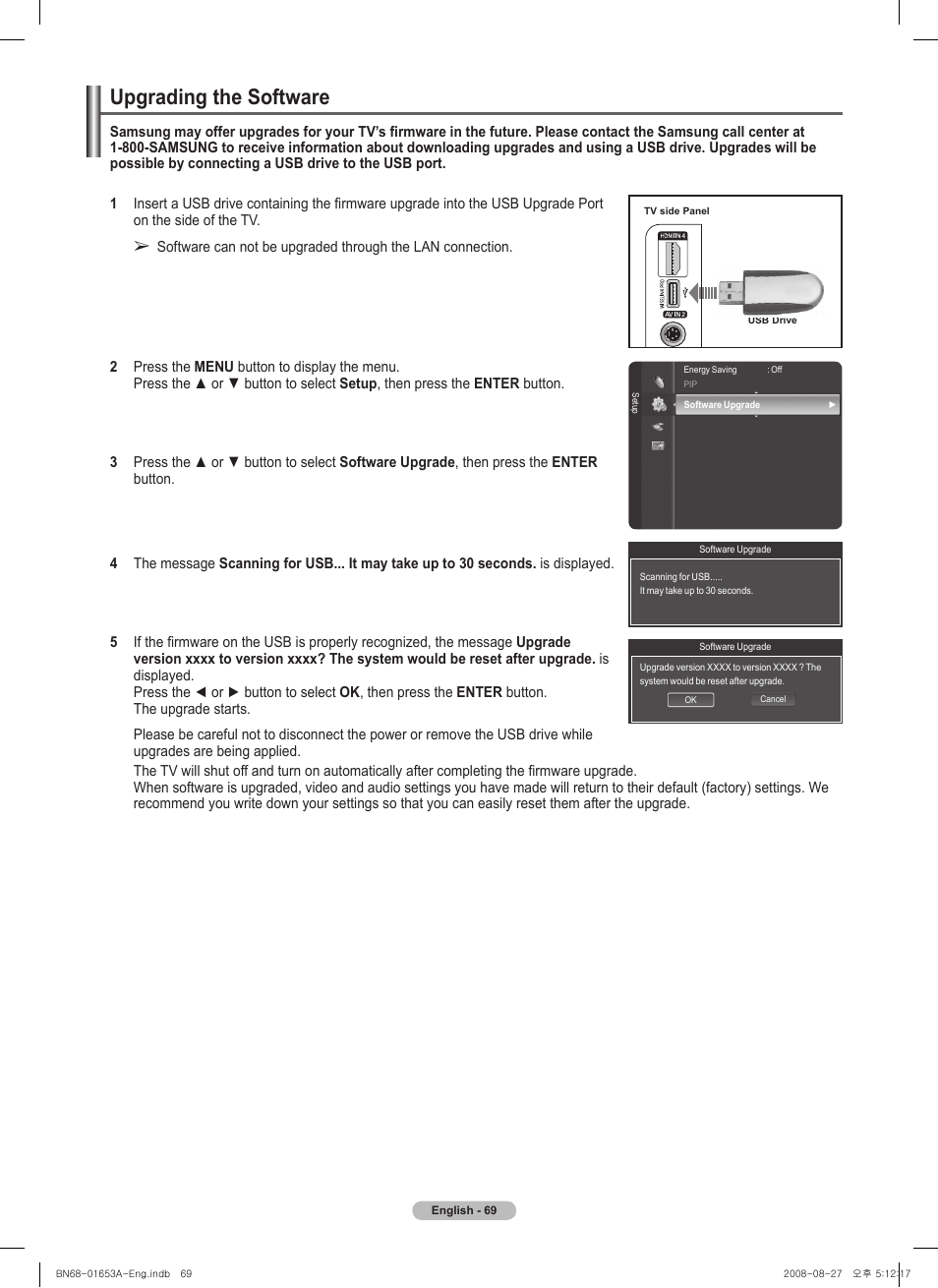 Upgrading the software | Samsung PN63A760T1FXZA User Manual | Page 69 / 282