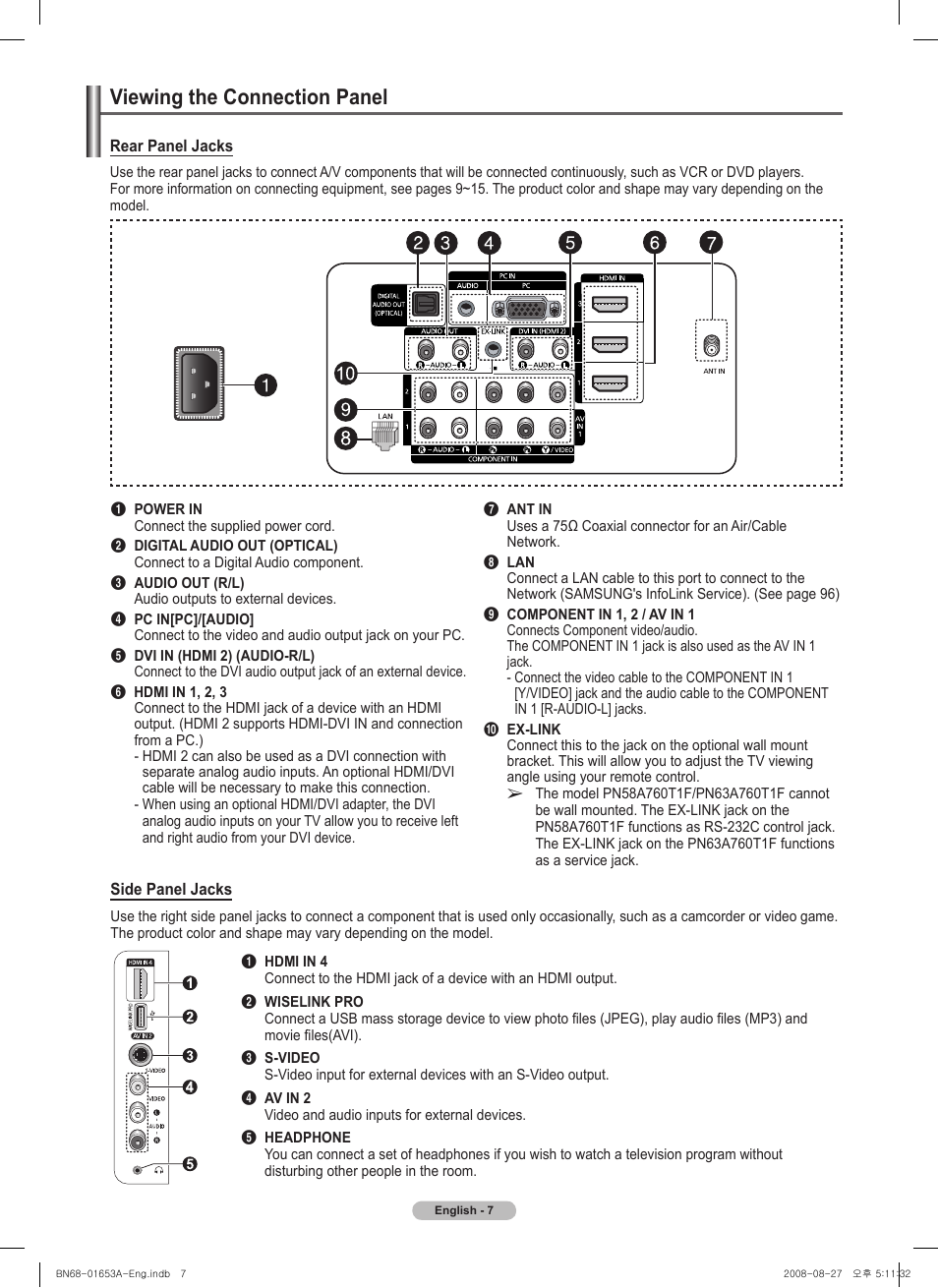 Viewing the connection panel | Samsung PN63A760T1FXZA User Manual | Page 7 / 282