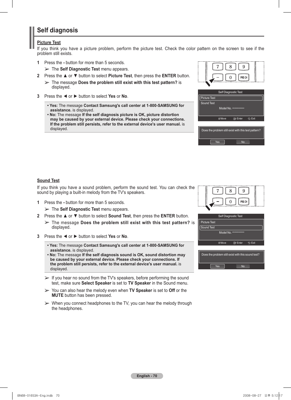 Self diagnosis | Samsung PN63A760T1FXZA User Manual | Page 70 / 282
