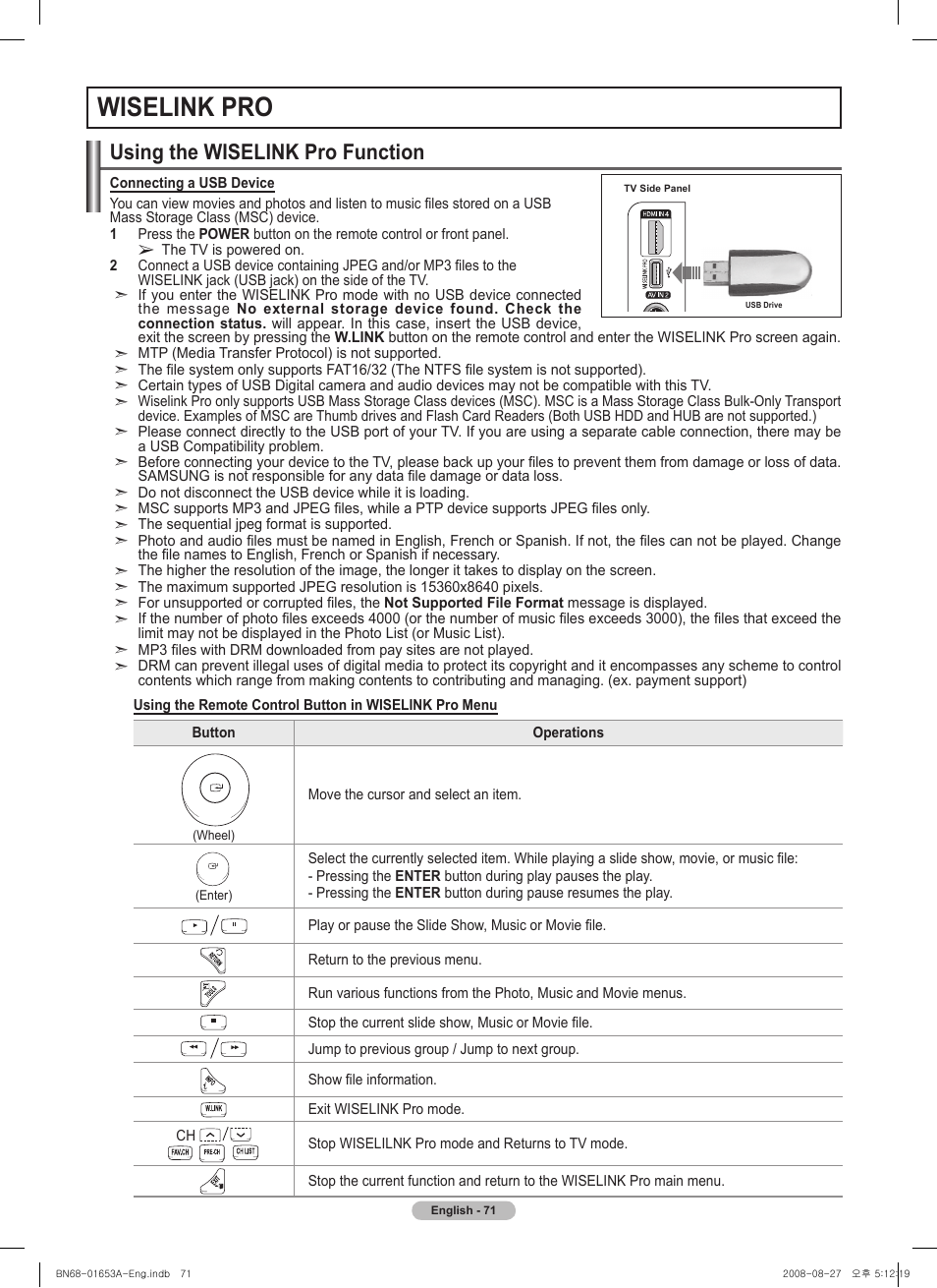 Wiselink pro, Using the wiselink pro function | Samsung PN63A760T1FXZA User Manual | Page 71 / 282