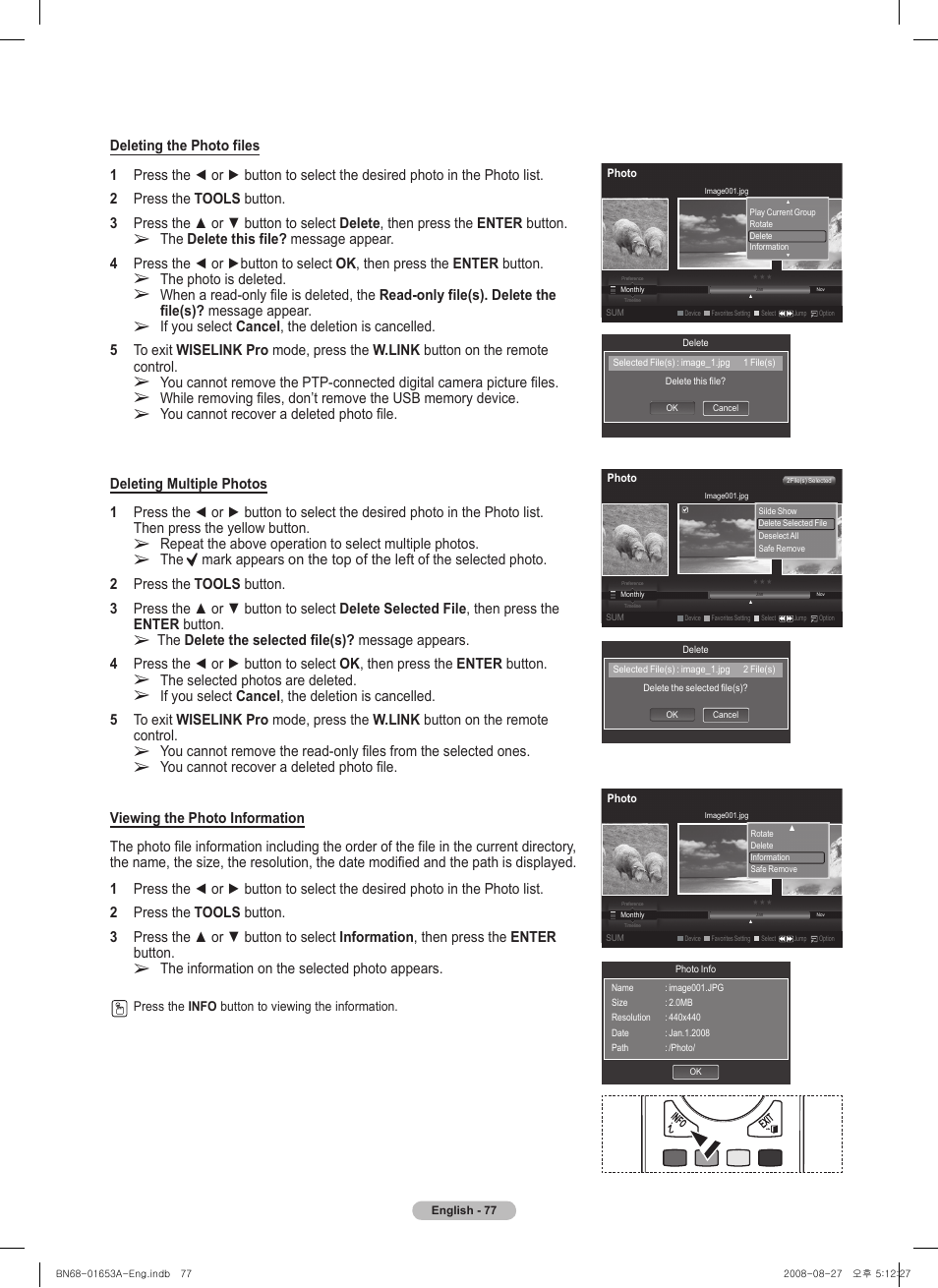 The selected photos are deleted, The information on the selected photo appears, The photo is deleted | You cannot recover a deleted photo file | Samsung PN63A760T1FXZA User Manual | Page 77 / 282