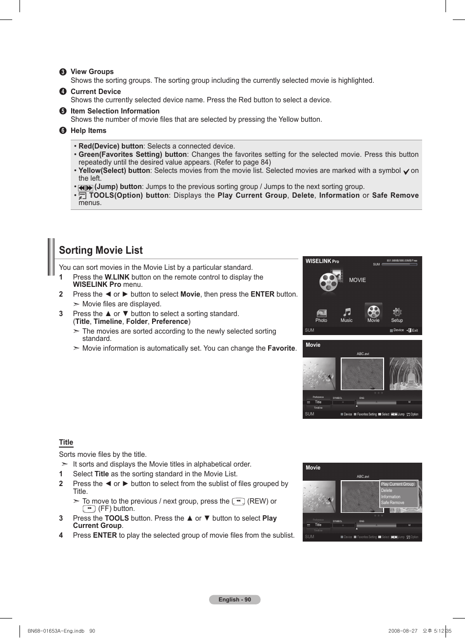 Sorting movie list, Rew) or | Samsung PN63A760T1FXZA User Manual | Page 90 / 282