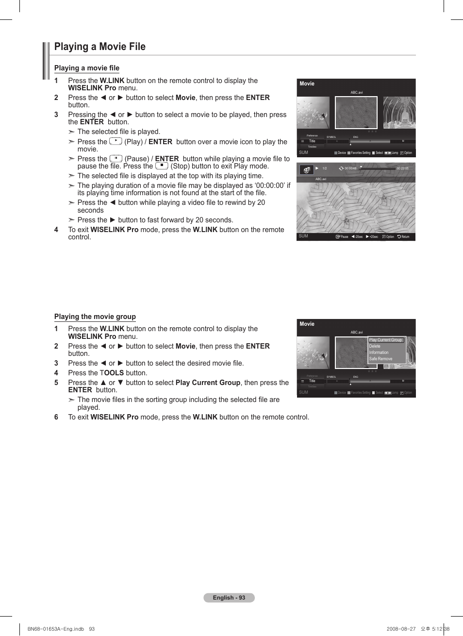 Playing a movie file | Samsung PN63A760T1FXZA User Manual | Page 93 / 282