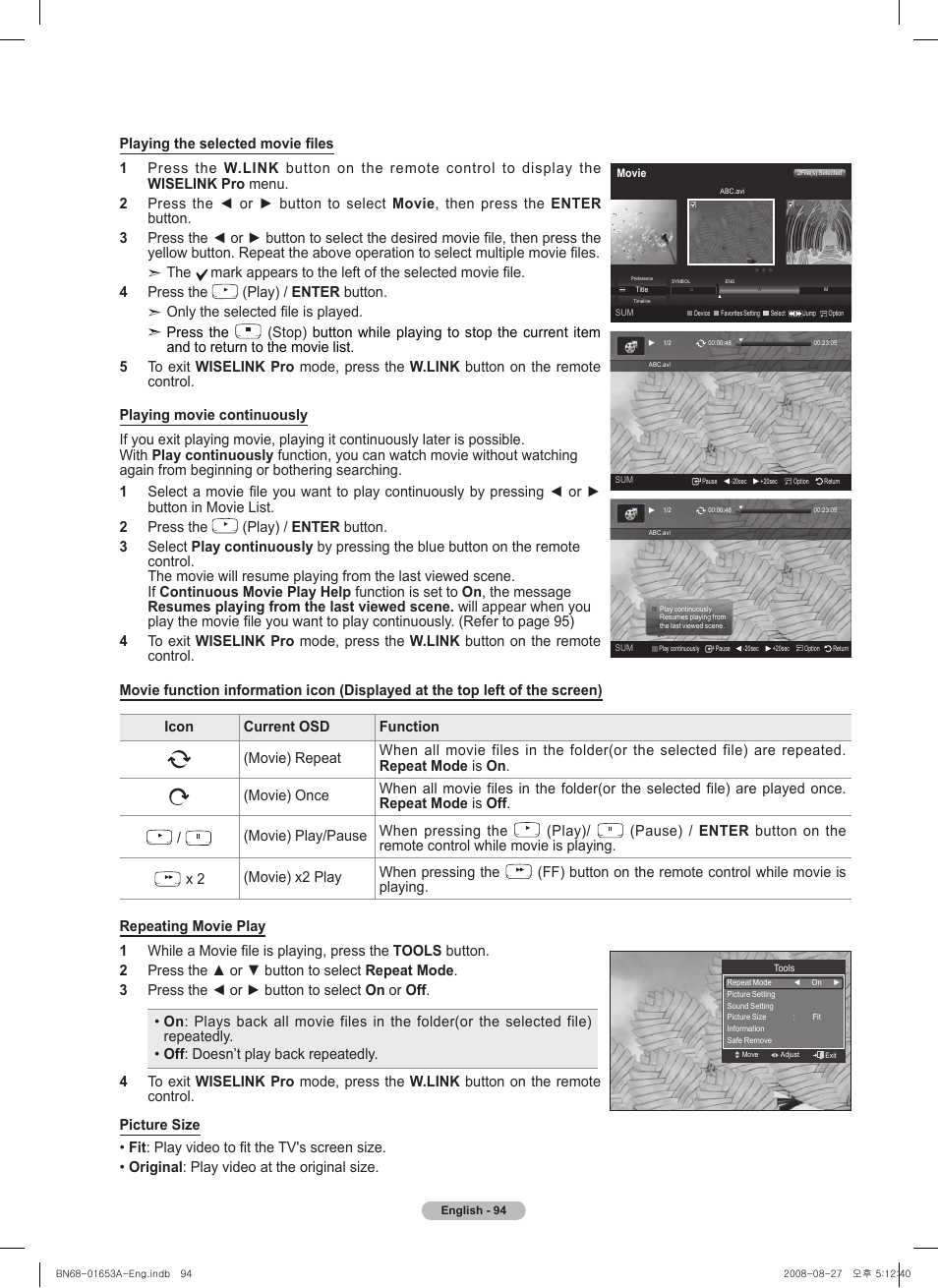 Movie) play/pause when pressing the, Play), X 2 (movie) x2 play when pressing the | Samsung PN63A760T1FXZA User Manual | Page 94 / 282