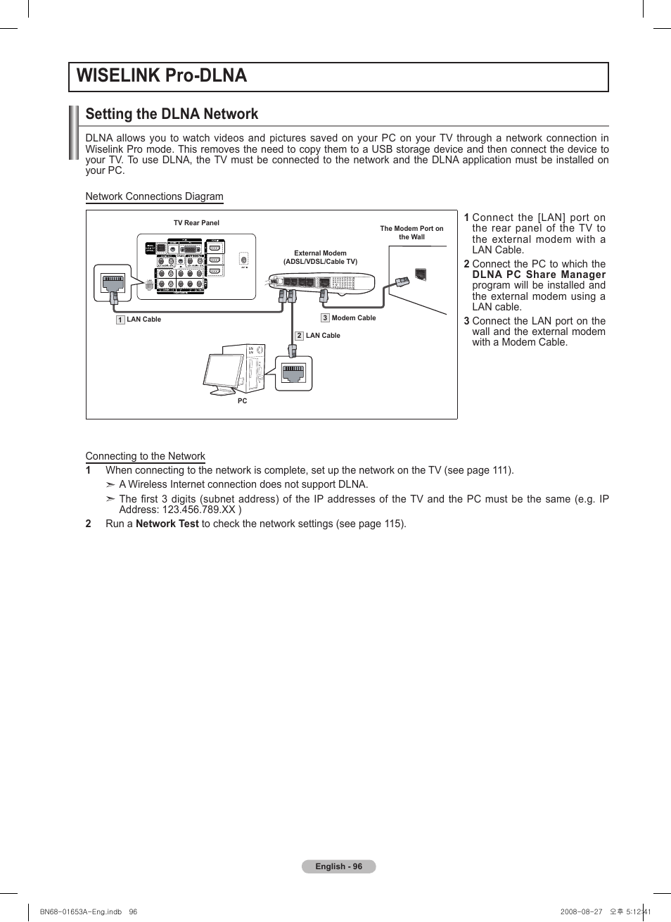 Wiselink pro-dlna, Setting the dlna network | Samsung PN63A760T1FXZA User Manual | Page 96 / 282