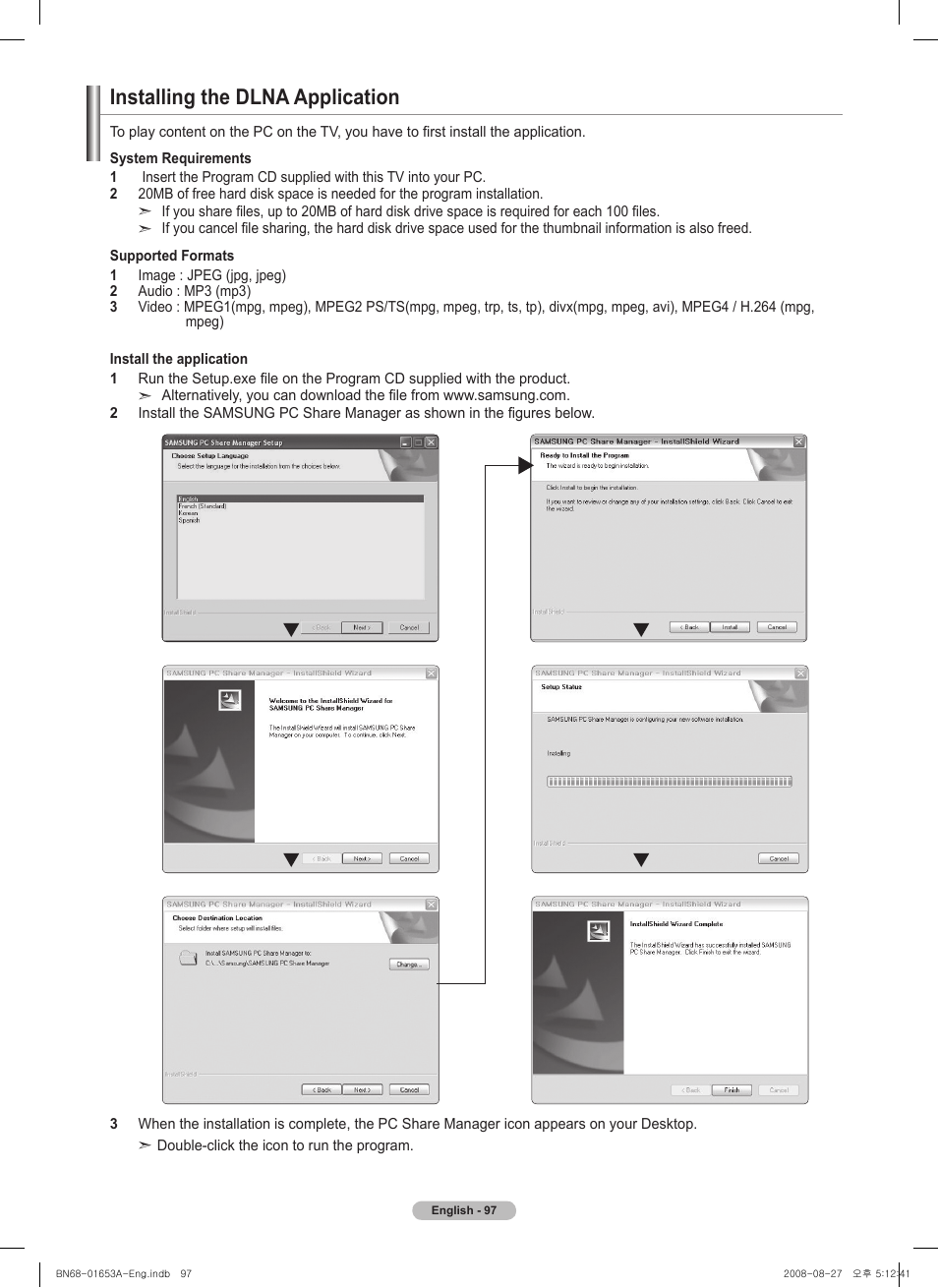 Installing the dlna application | Samsung PN63A760T1FXZA User Manual | Page 97 / 282