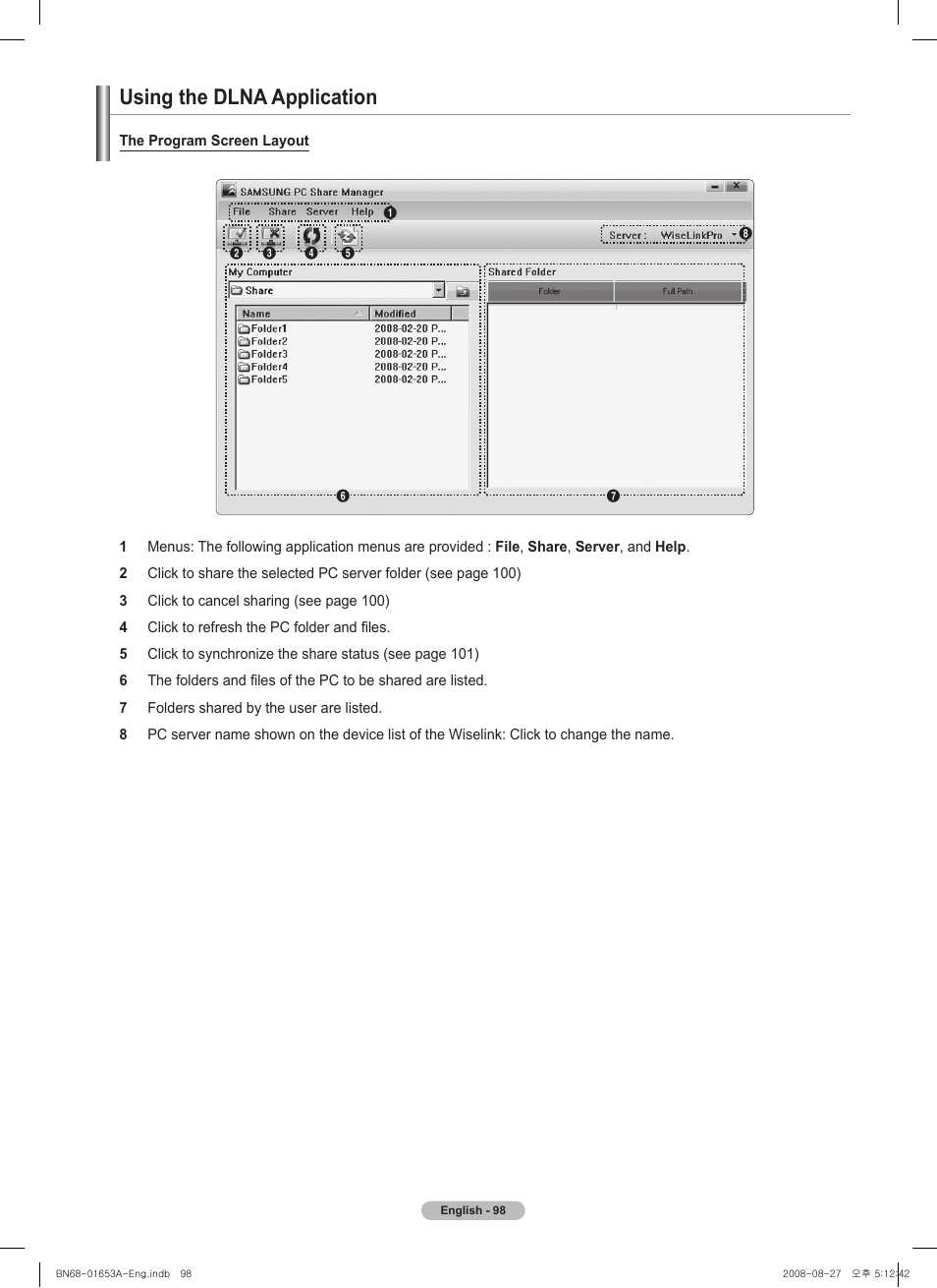 Using the dlna application | Samsung PN63A760T1FXZA User Manual | Page 98 / 282