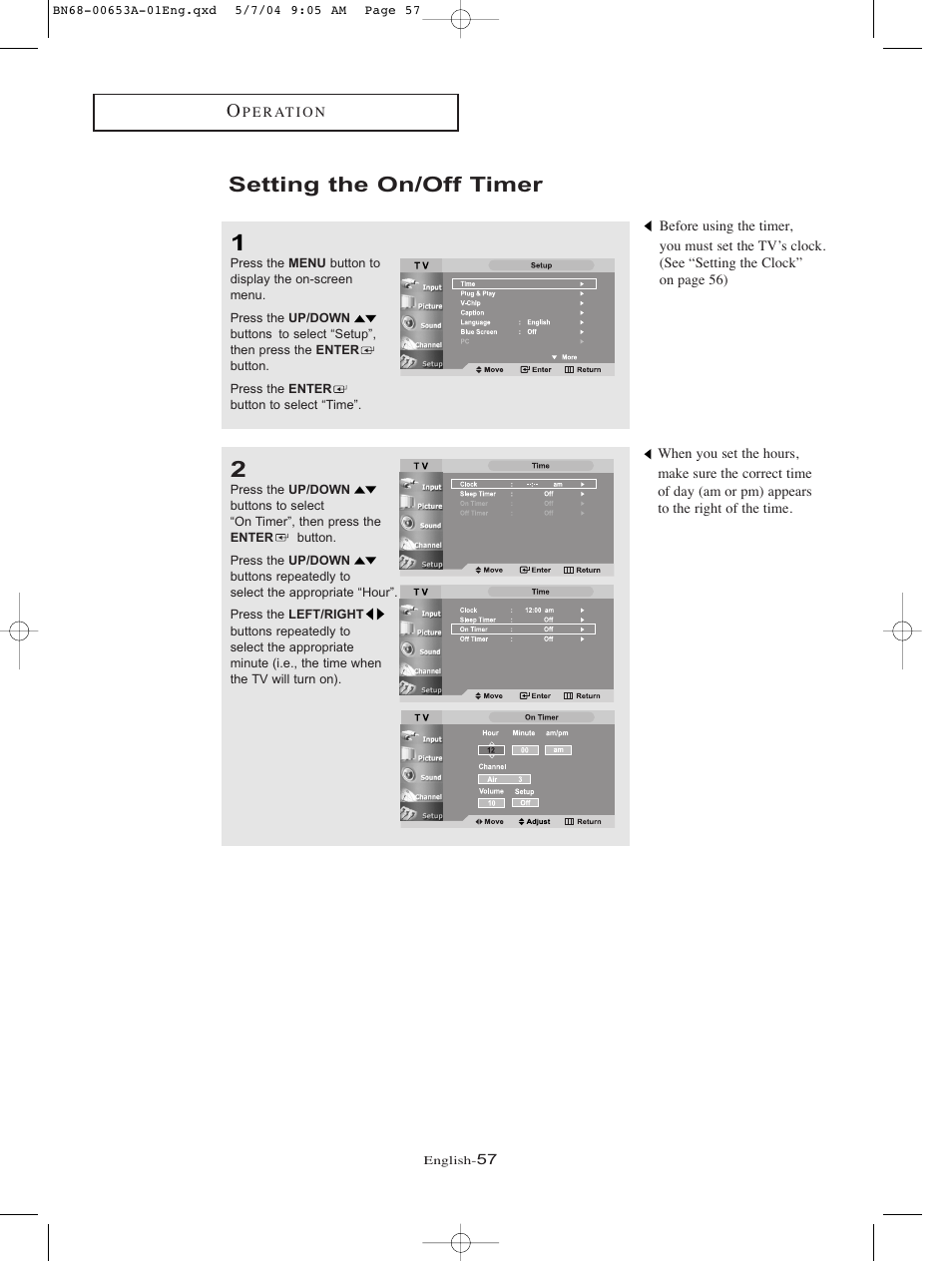 Setting the on/off timer | Samsung LTP326WX-XAC User Manual | Page 60 / 90