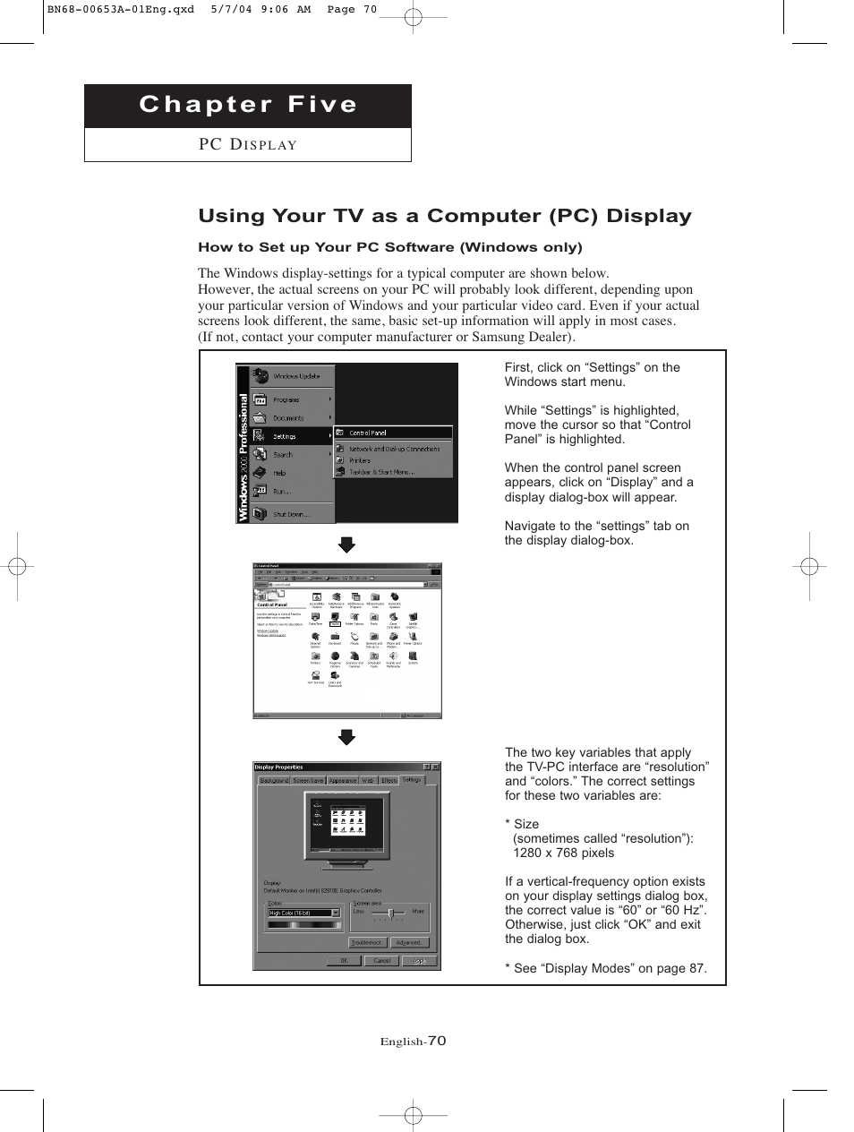 Pc display, Using your tv as a computer (pc) display, How to set up your pc software (windows only) | P c d | Samsung LTP326WX-XAC User Manual | Page 73 / 90