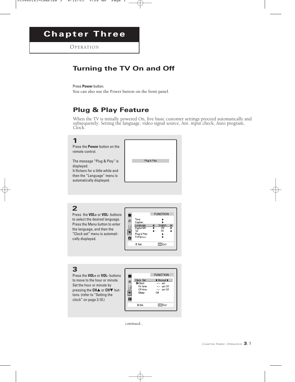 Chapter three operation, Turning the tv on and off, Plug & play feature | Samsung TSK3092WFX-XAA User Manual | Page 23 / 65