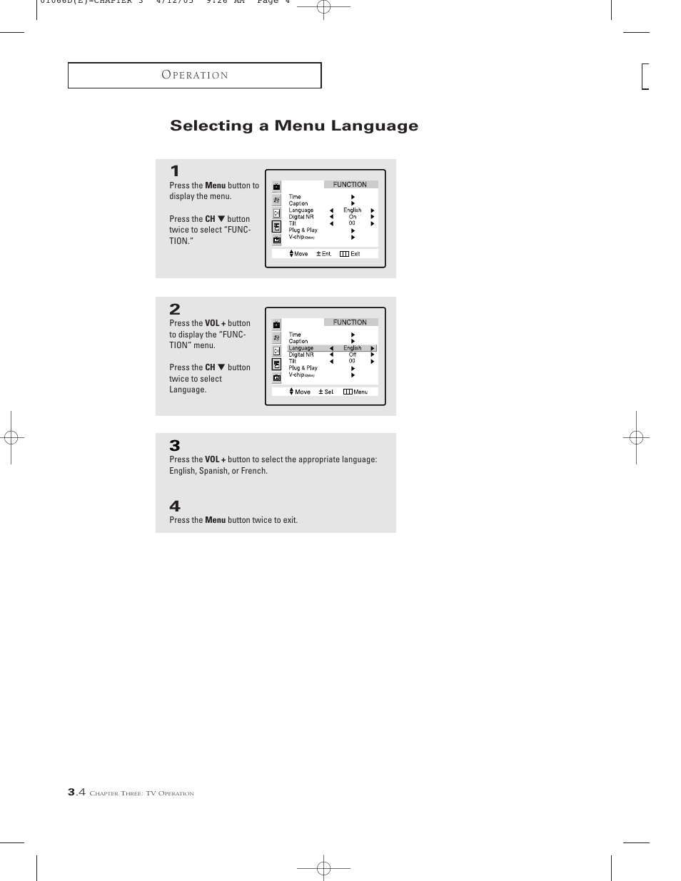 Selecting a menu language | Samsung TSK3092WFX-XAA User Manual | Page 26 / 65