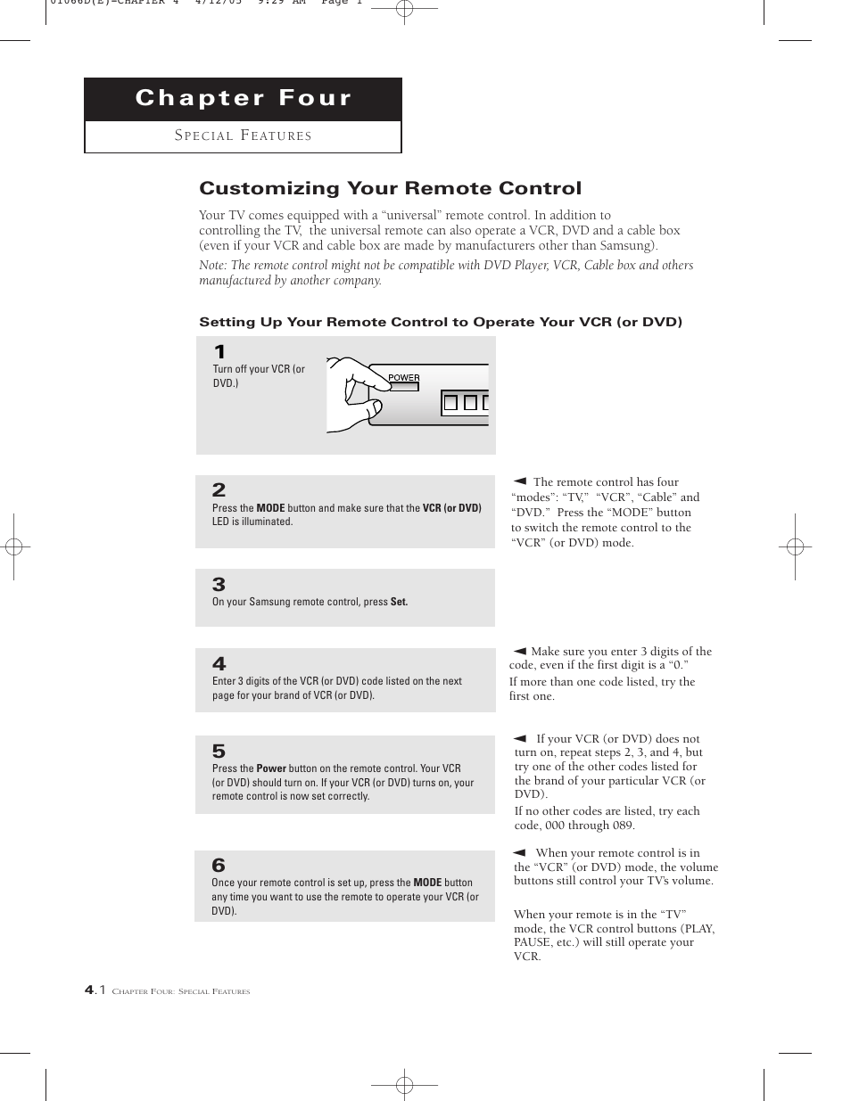 Chapter four special features, Customizing your remote control | Samsung TSK3092WFX-XAA User Manual | Page 40 / 65