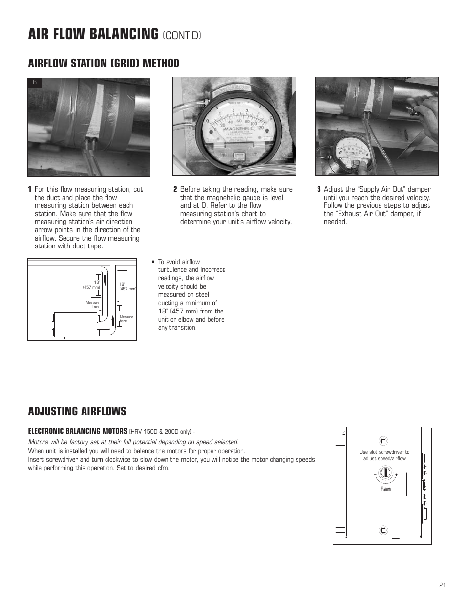 Air flow balancing, Airflow station (grid) method adjusting airflows, Cont'd) | Amana HRV-300D User Manual | Page 21 / 28