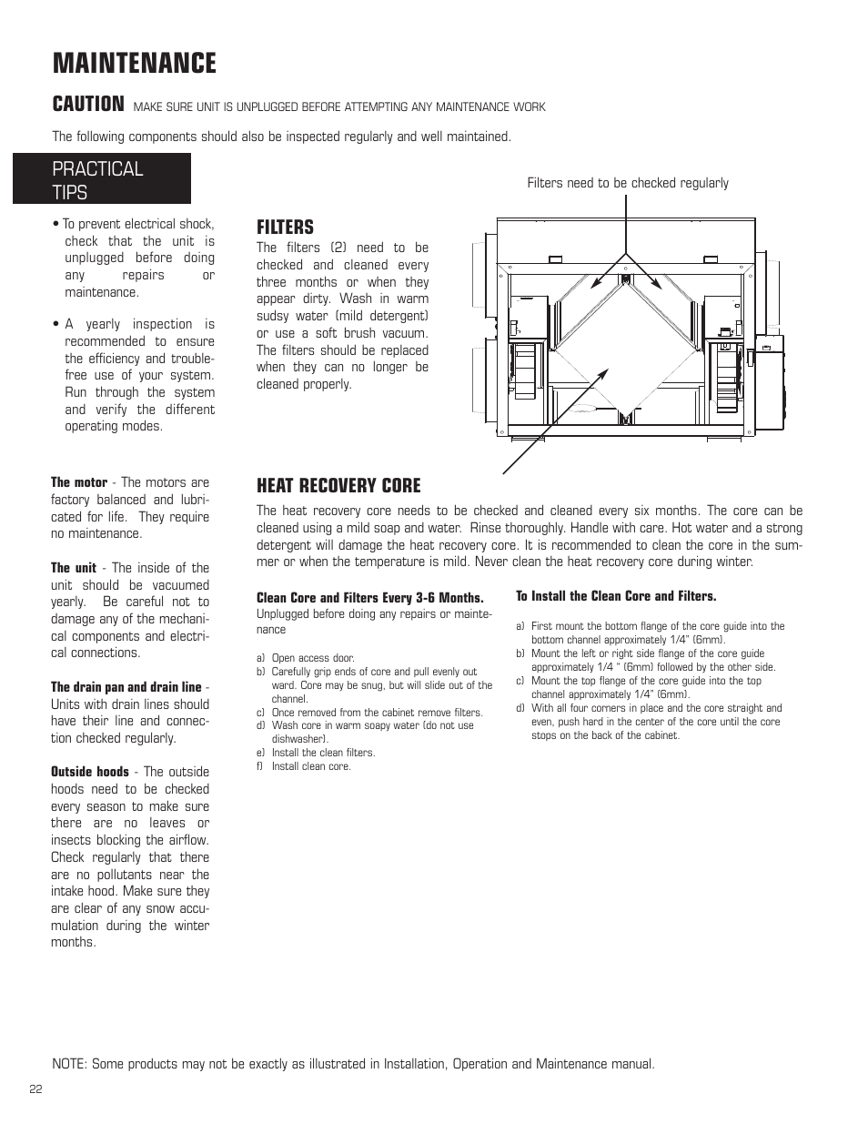 Maintenance, Caution, Practical tips | Heat recovery core filters | Amana HRV-300D User Manual | Page 22 / 28