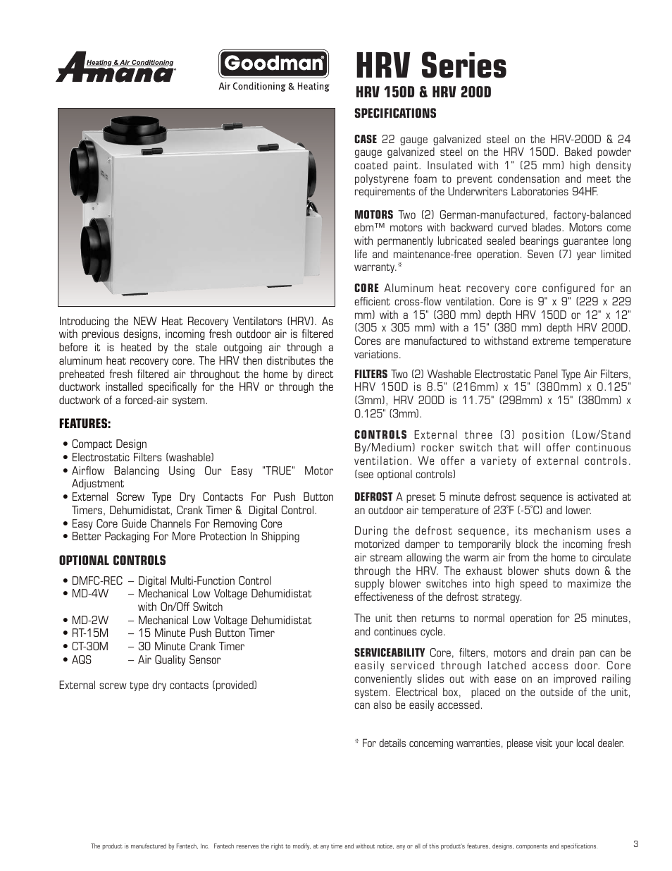 Hrv series | Amana HRV-300D User Manual | Page 3 / 28