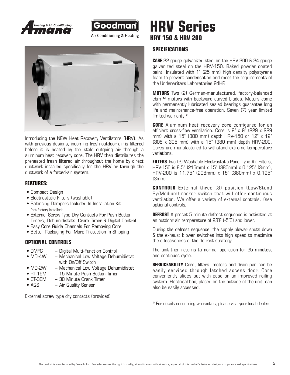 Hrv series | Amana HRV-300D User Manual | Page 5 / 28