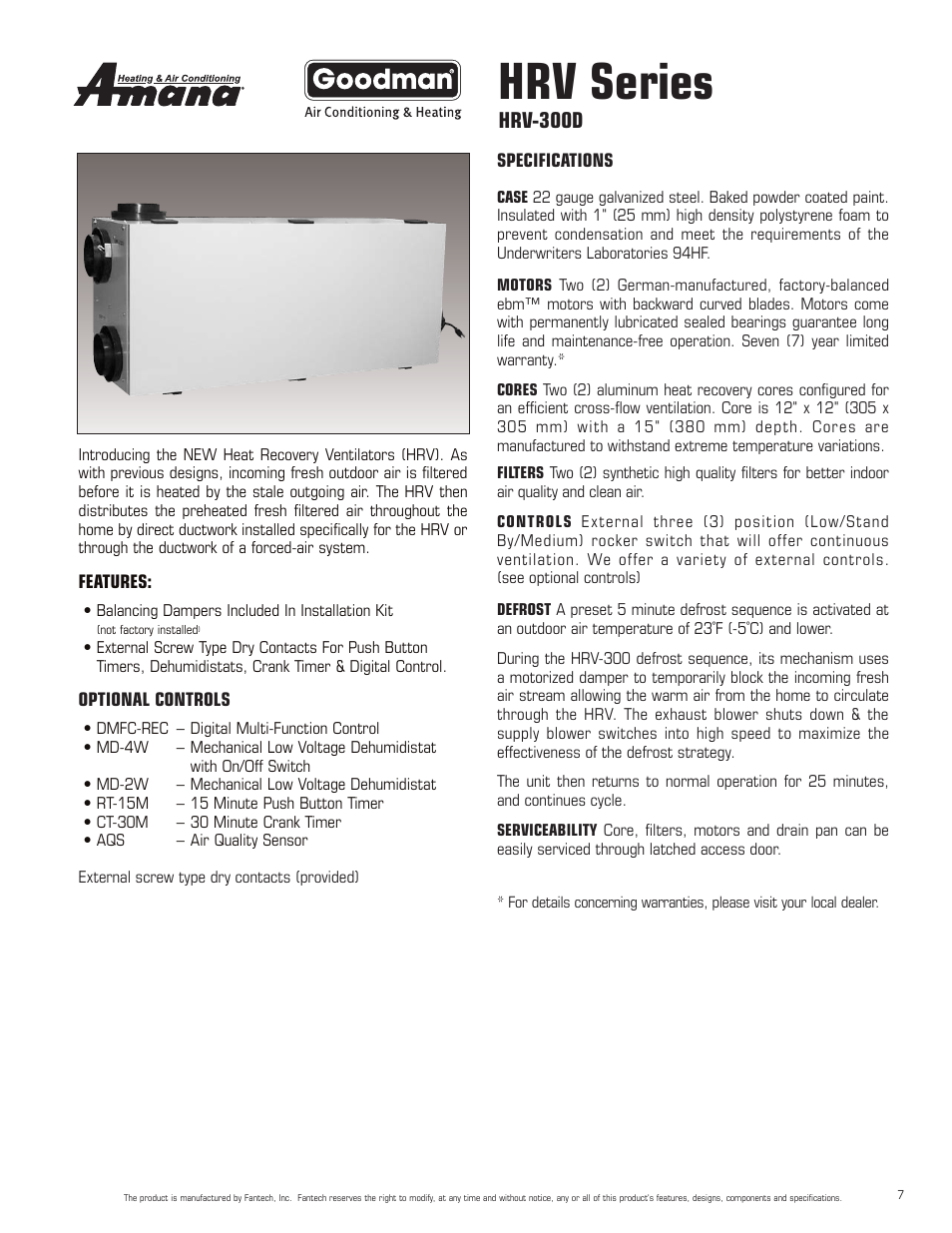 Hrv series, Hrv-300d | Amana HRV-300D User Manual | Page 7 / 28