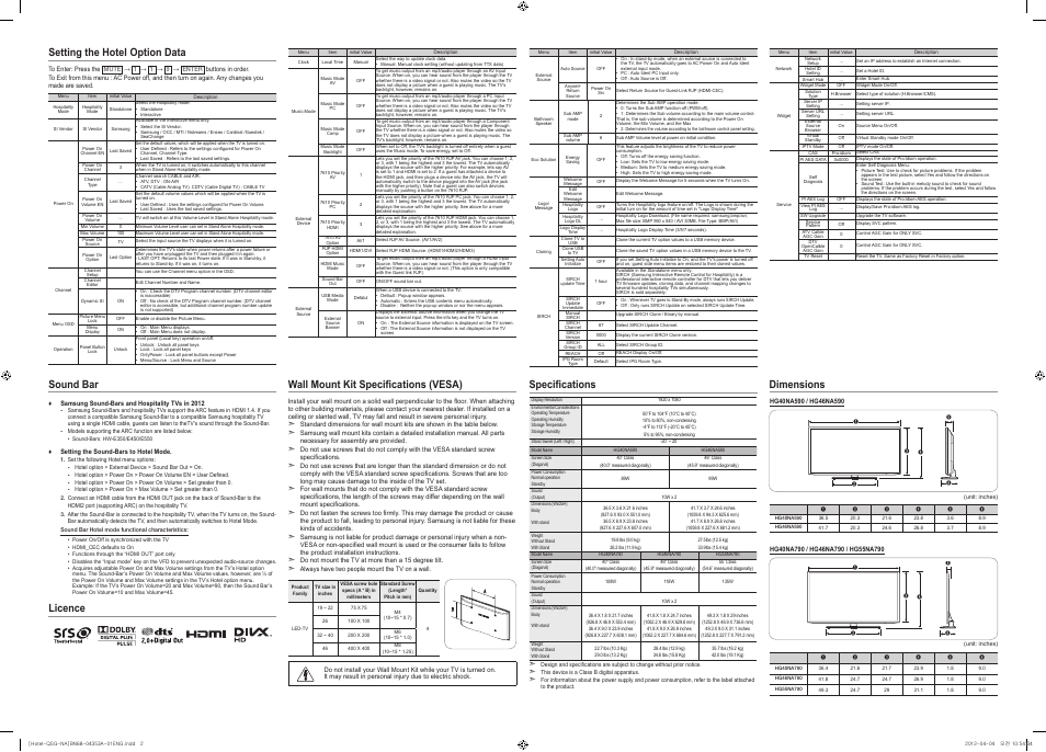 Setting the hotel option data, Wall mount kit specifications (vesa), Sound bar | Licence dimensions, Specifications | Samsung HG46NA590LBXZA User Manual | Page 2 / 2