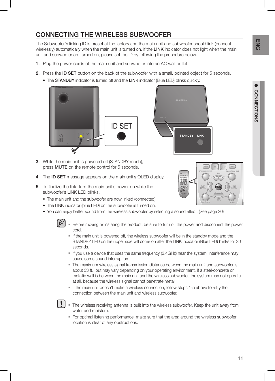 Connecting the wireless subwoofer, Connections | Samsung HW-H550-ZA User Manual | Page 11 / 26
