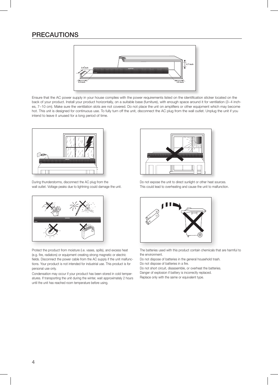 Precautions | Samsung HW-H550-ZA User Manual | Page 4 / 26