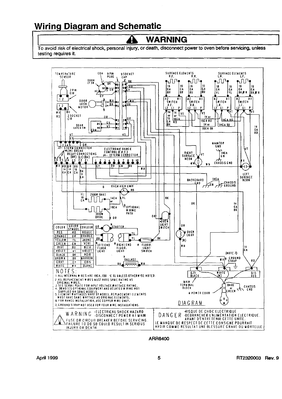 Arr6400, Wiring diagram and schematic a warning | Amana Pi143415N User Manual | Page 5 / 8
