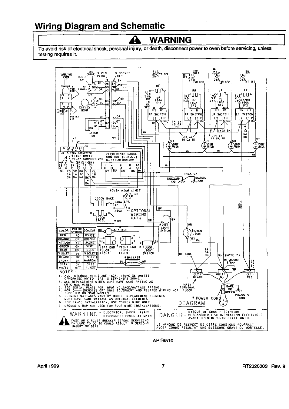 Art6510, Wiring diagram and schematic a warning | Amana Pi143415N User Manual | Page 7 / 8