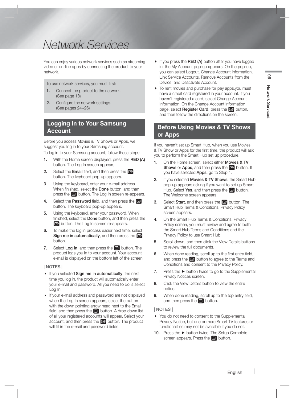 Network services, Logging in to your samsungaccount, Before using movies & tv showsor apps | Using movies & tv shows, Using apps, Logging in to your samsung account, Before using movies & tv shows or apps | Samsung HT-F5500W-ZA User Manual | Page 41 / 58