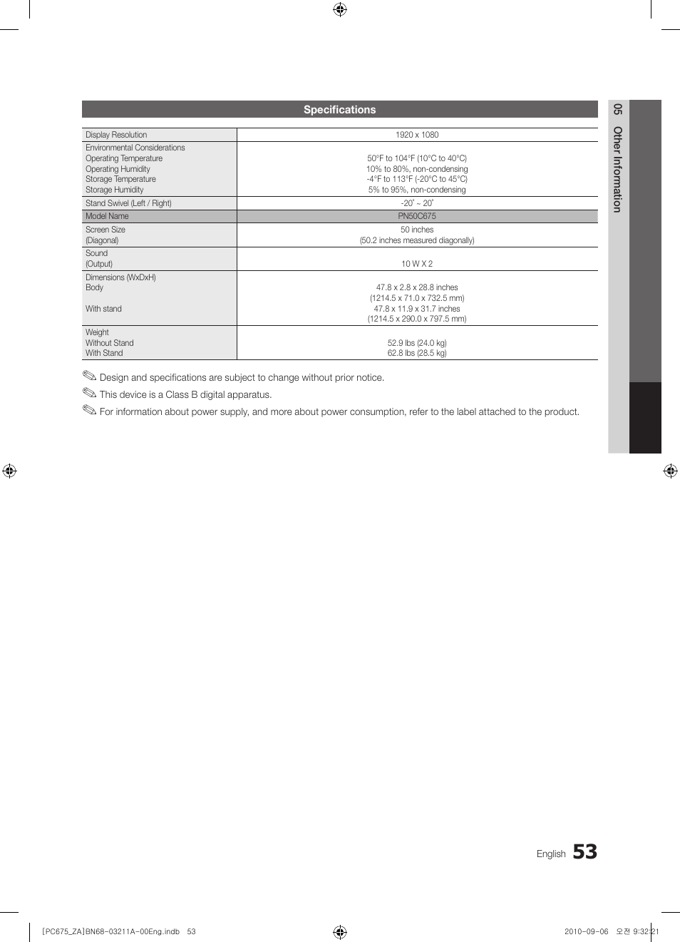 Samsung PN50C675G6FXZA User Manual | Page 53 / 55