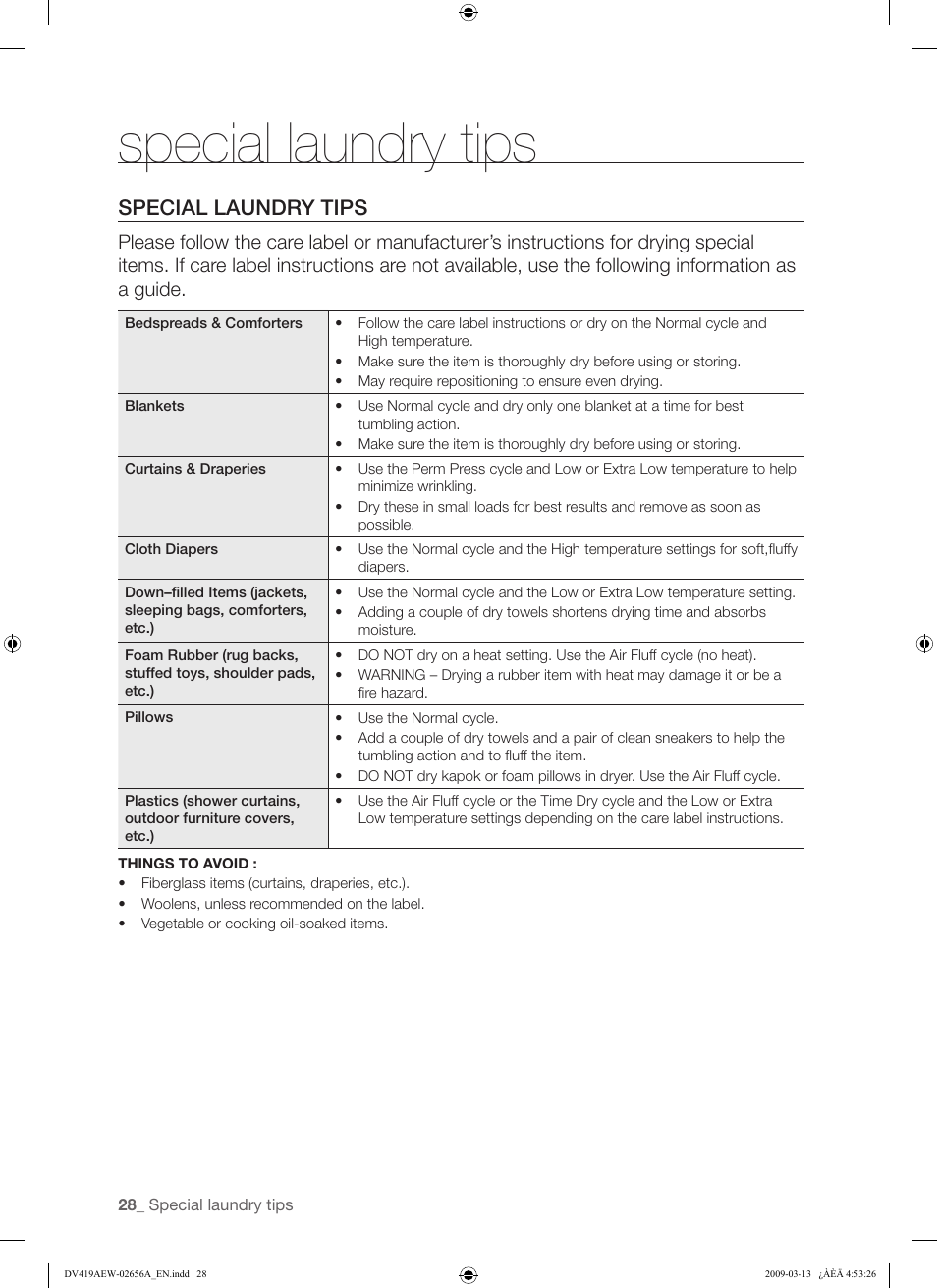 Special laundry tips | Samsung DV419AEU-XAA User Manual | Page 28 / 76