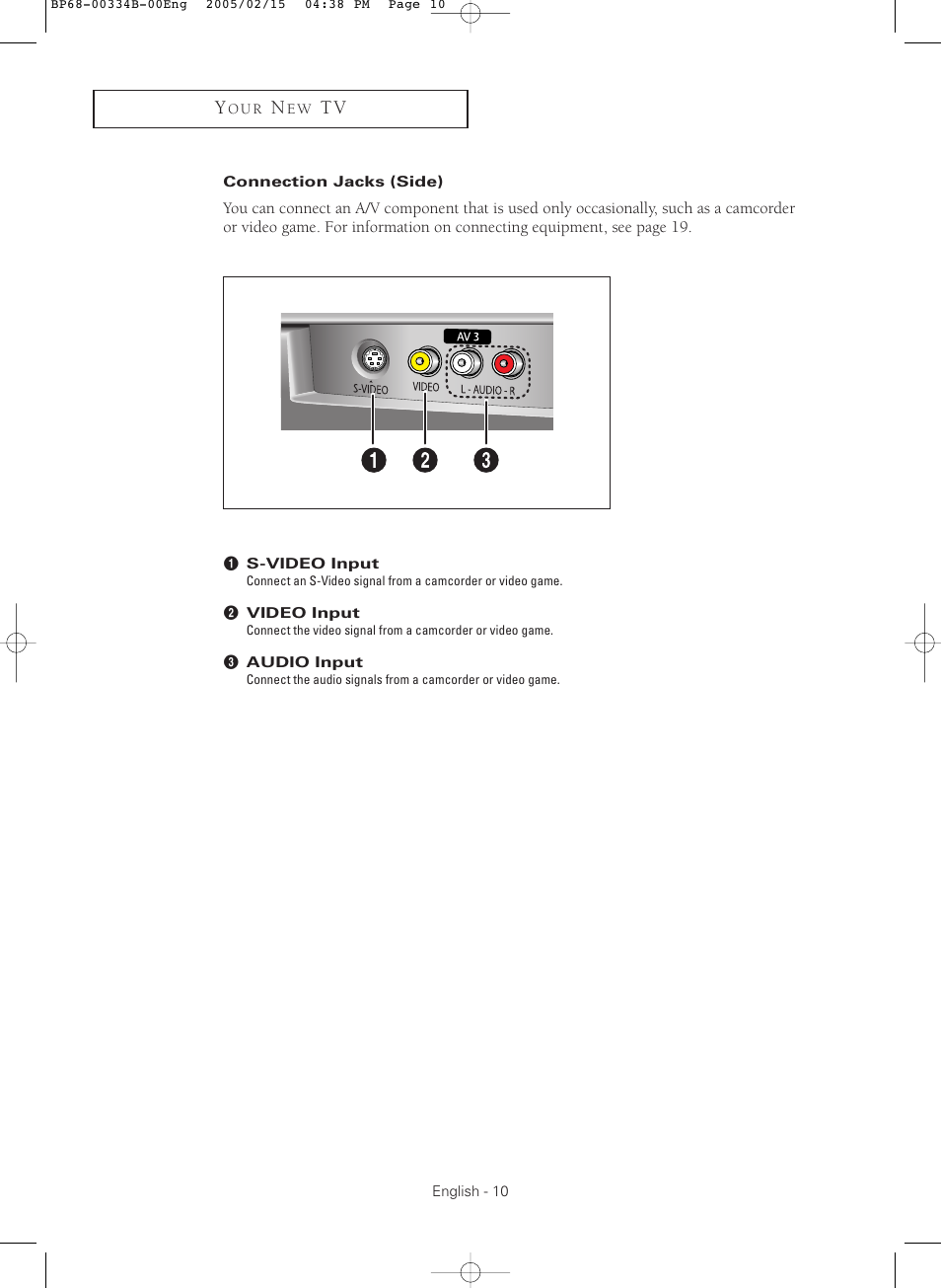 Connection jacks (side) | Samsung HCR4245WX-XAA User Manual | Page 10 / 80