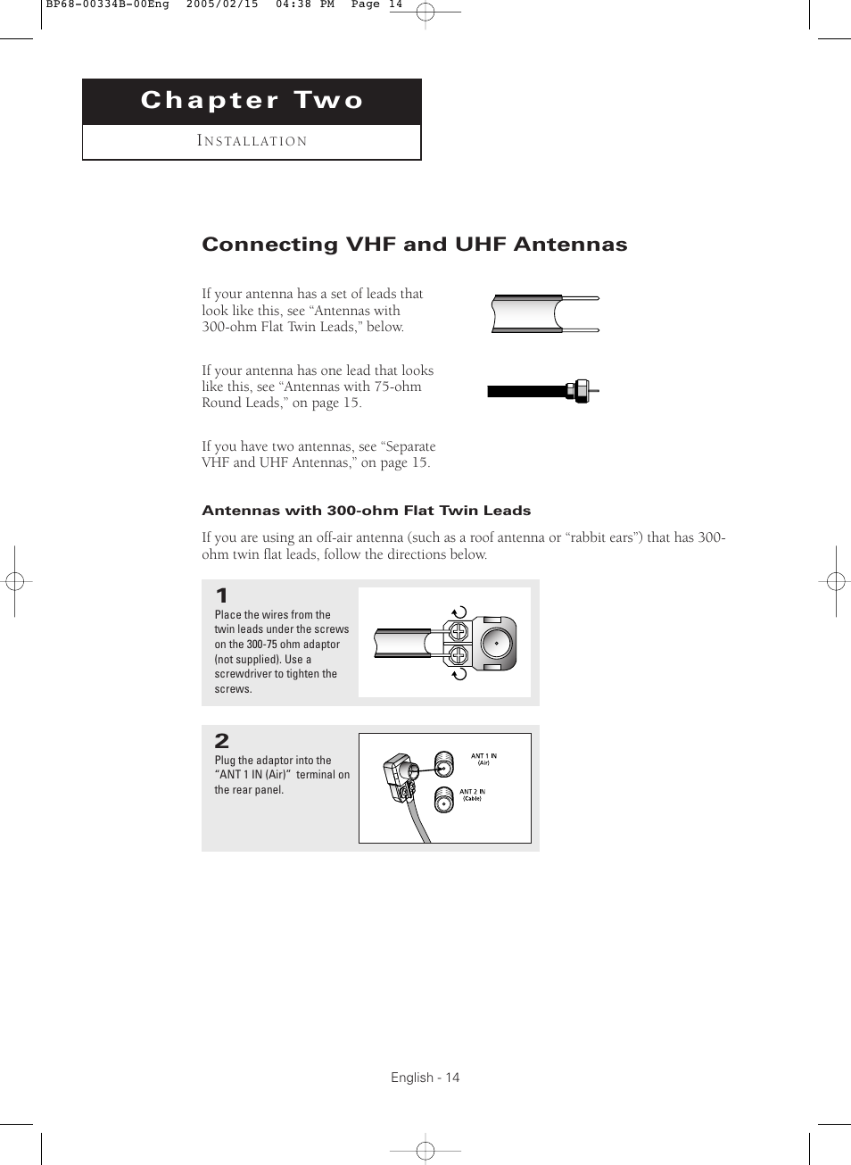 Chapter 2: installation, Connecting vhf and uhf antennas, Antennas with 300-ohm flat twin leads | Samsung HCR4245WX-XAA User Manual | Page 14 / 80