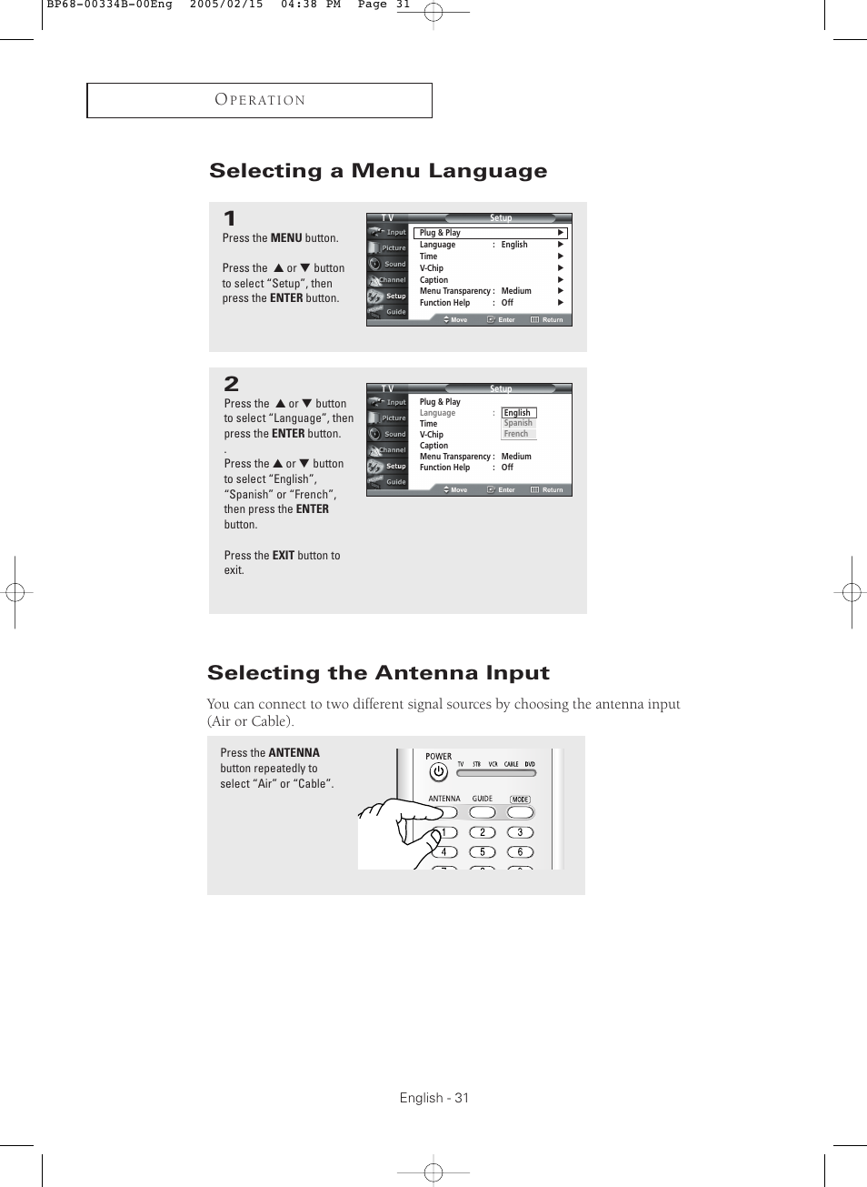 Selecting a menu language, Selecting the antenna input | Samsung HCR4245WX-XAA User Manual | Page 31 / 80