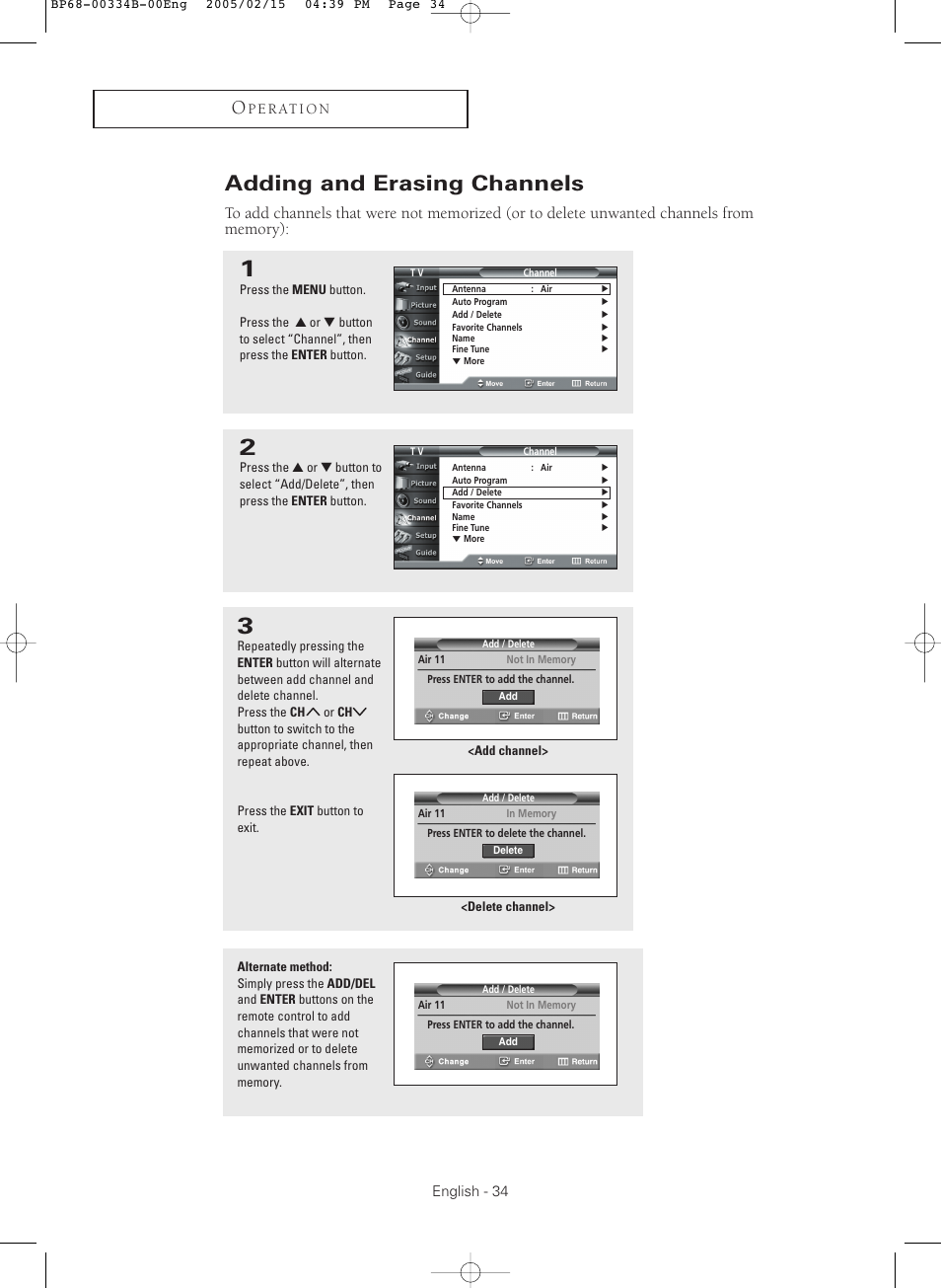 Adding and erasing channels | Samsung HCR4245WX-XAA User Manual | Page 34 / 80