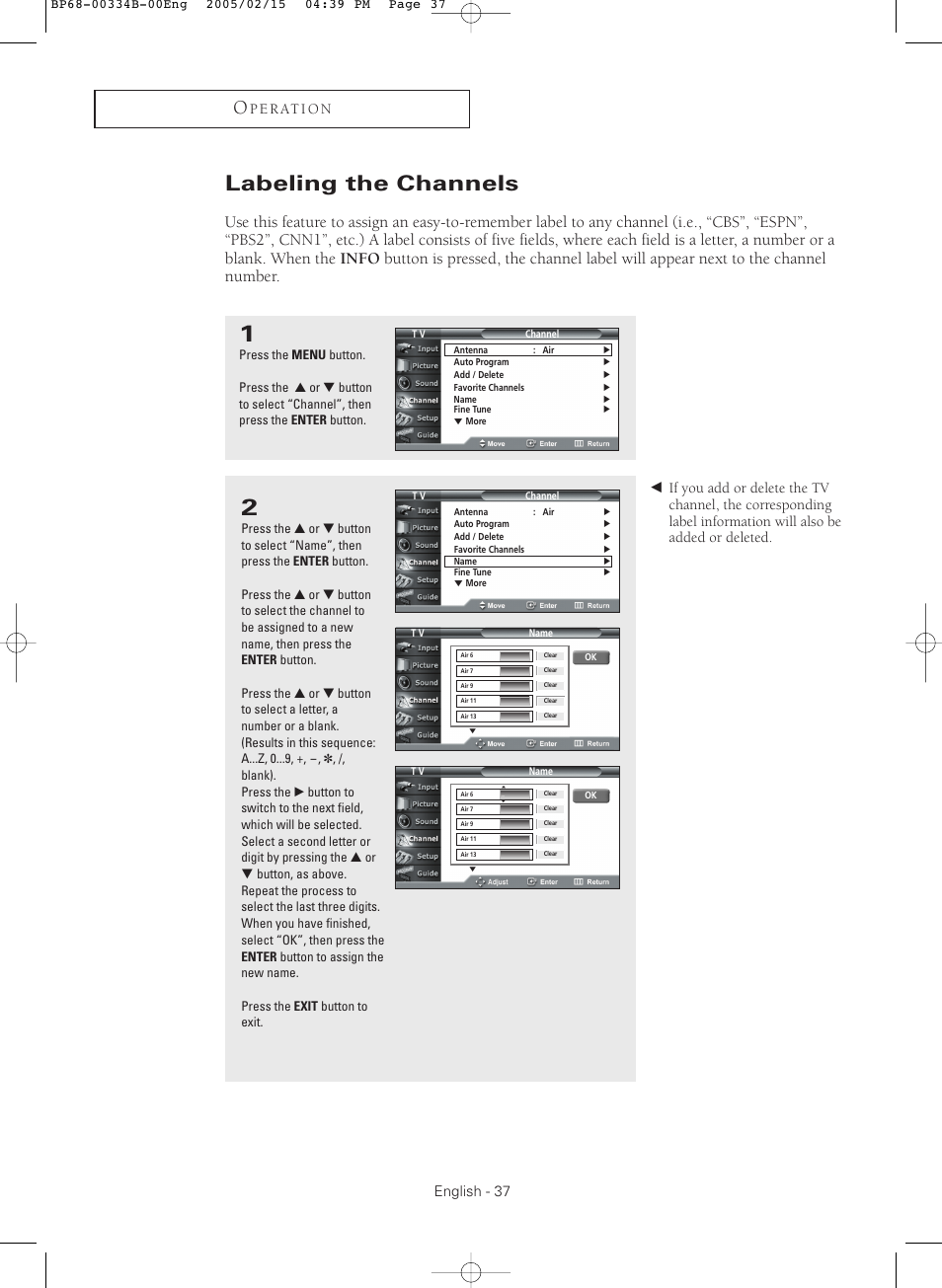 Labeling the channels, English - 37, P e r at i o n | Samsung HCR4245WX-XAA User Manual | Page 37 / 80