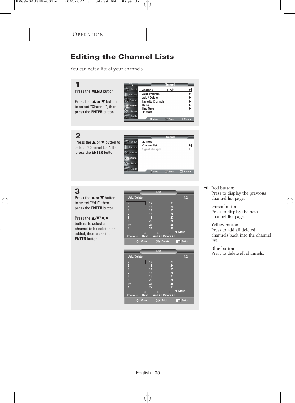 Editing the channel lists, You can edit a list of your channels | Samsung HCR4245WX-XAA User Manual | Page 39 / 80