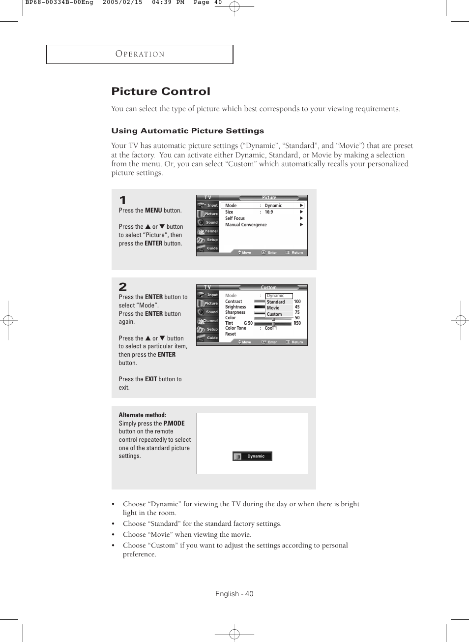 Picture control, Using automatic picture settings | Samsung HCR4245WX-XAA User Manual | Page 40 / 80