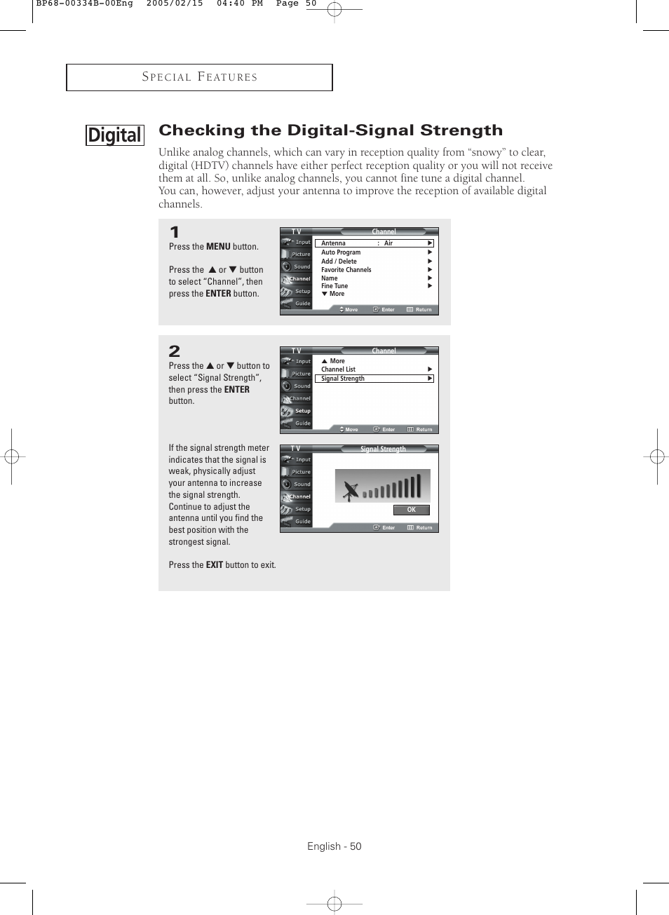 Checking the digital-signal strength, Digital | Samsung HCR4245WX-XAA User Manual | Page 50 / 80