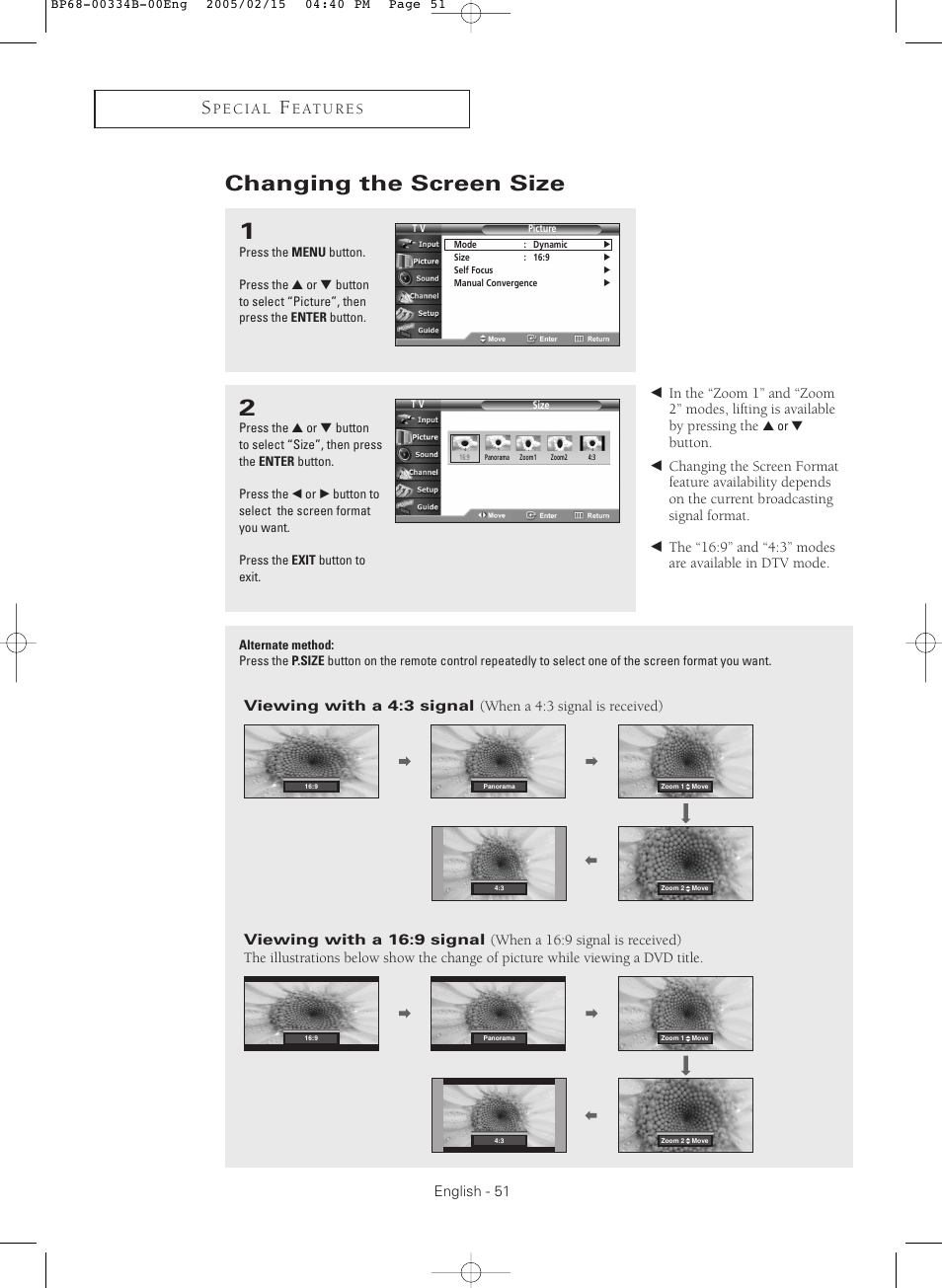 Changing the screen size, English - 51 | Samsung HCR4245WX-XAA User Manual | Page 51 / 80