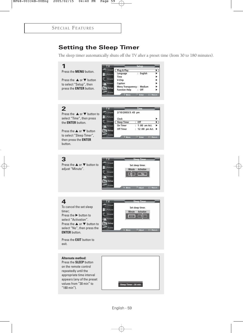 Setting the sleep timer | Samsung HCR4245WX-XAA User Manual | Page 59 / 80