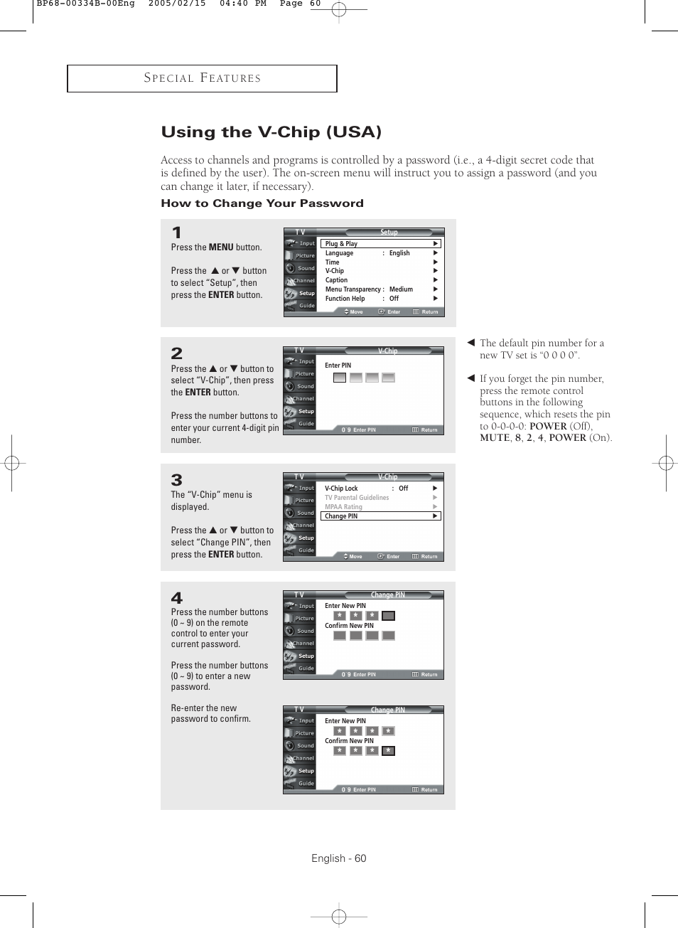 Using the v-chip (usa), How to change your password | Samsung HCR4245WX-XAA User Manual | Page 60 / 80