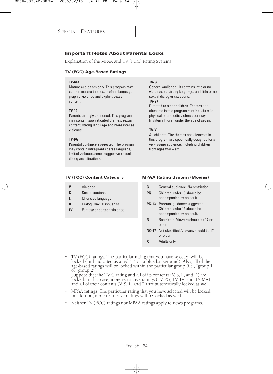 Important notes about parental locks | Samsung HCR4245WX-XAA User Manual | Page 64 / 80