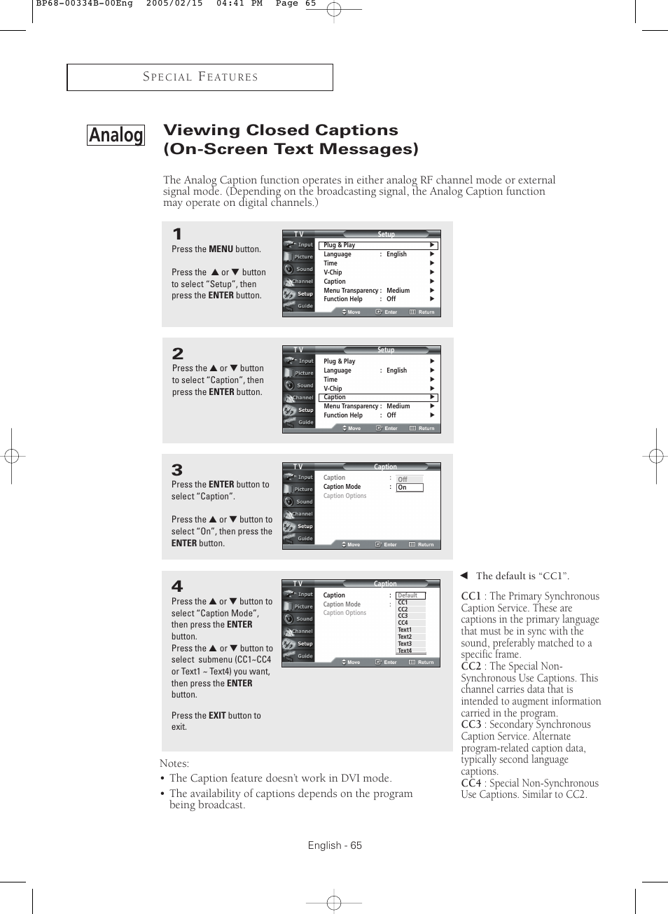 Analog, Viewing closed captions (on-screen text messages) | Samsung HCR4245WX-XAA User Manual | Page 65 / 80