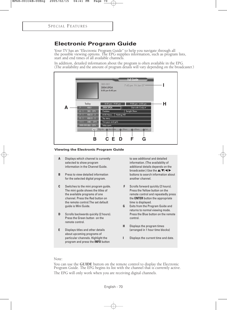 Electronic program guide, Viewing the electronic program guide, Ia h | Samsung HCR4245WX-XAA User Manual | Page 70 / 80