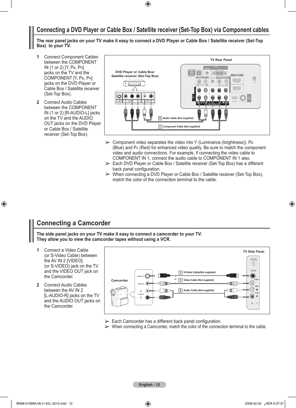 Connecting a camcorder | Samsung PN42A450P1DXZA User Manual | Page 12 / 75