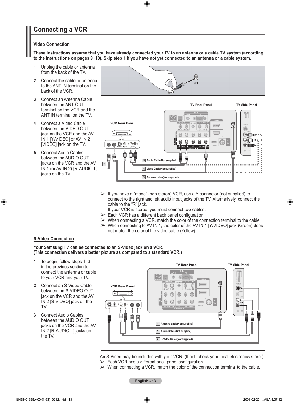 Connecting a vcr | Samsung PN42A450P1DXZA User Manual | Page 13 / 75