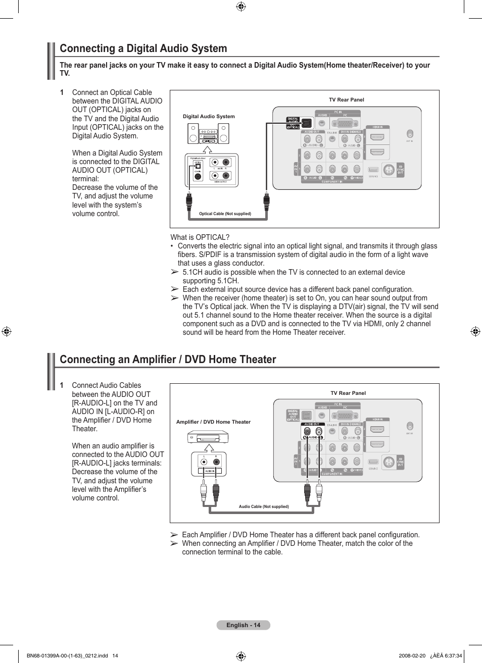 Connecting a digital audio system, Connecting an amplifier / dvd home theater | Samsung PN42A450P1DXZA User Manual | Page 14 / 75