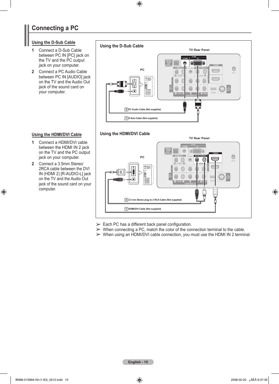Connecting a pc | Samsung PN42A450P1DXZA User Manual | Page 15 / 75