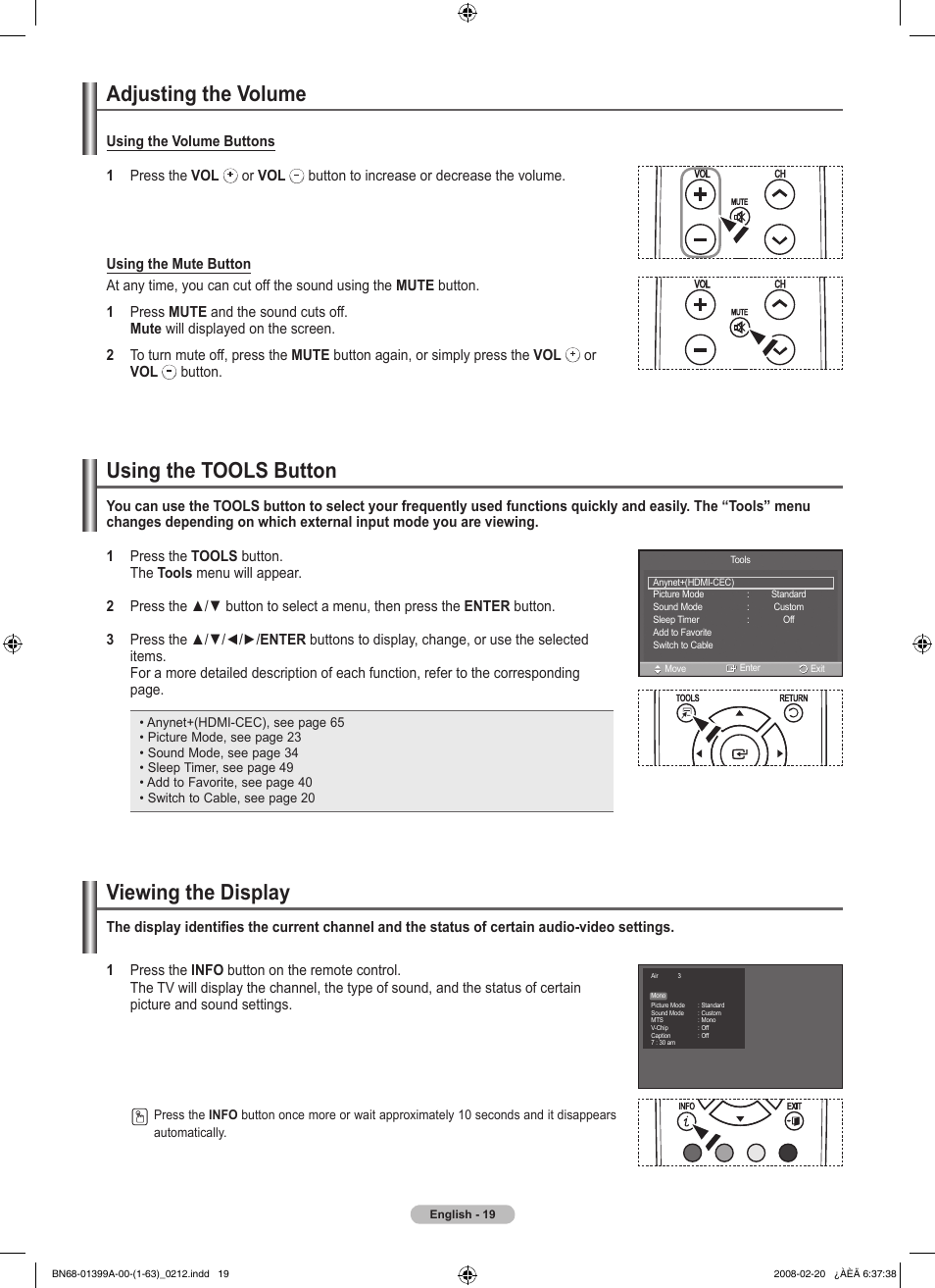 Adjusting the volume, Using the tools button, Viewing the display | Samsung PN42A450P1DXZA User Manual | Page 19 / 75