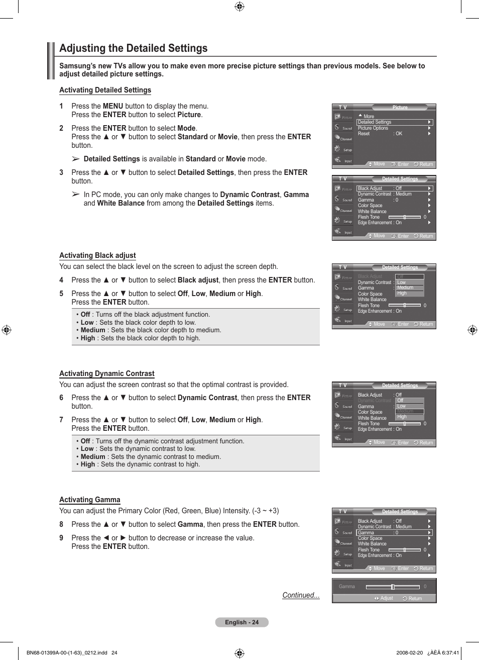 Adjusting the detailed settings | Samsung PN42A450P1DXZA User Manual | Page 24 / 75