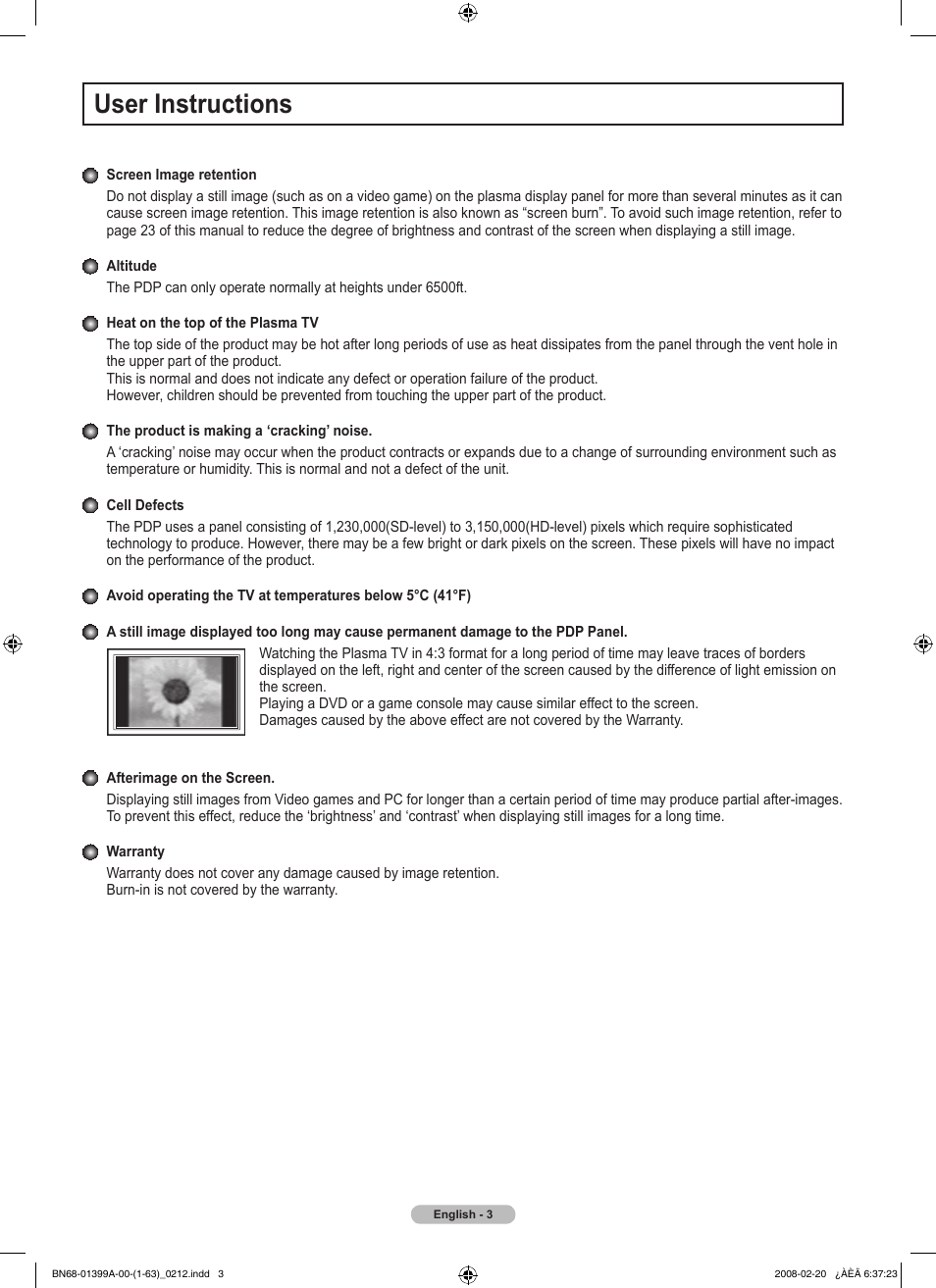 User instructions | Samsung PN42A450P1DXZA User Manual | Page 3 / 75